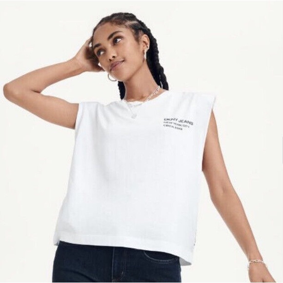 DKNY Jeans Women's Shoulder Pad Logo Muscle Tee White Large NWT - Picture 6 of 6